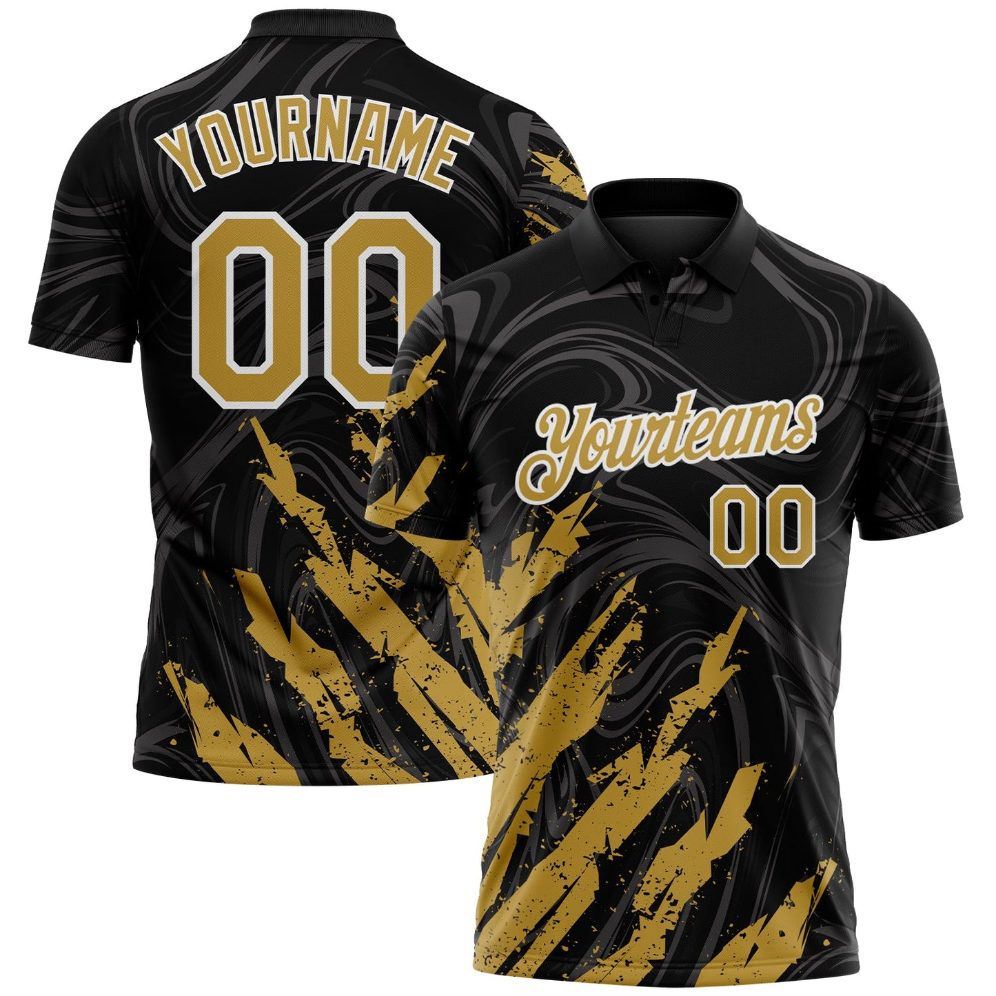 Custom Black Old Gold-White Brush Stroke Splatter Liquid Swirl Performance Polo Shirt - Main View