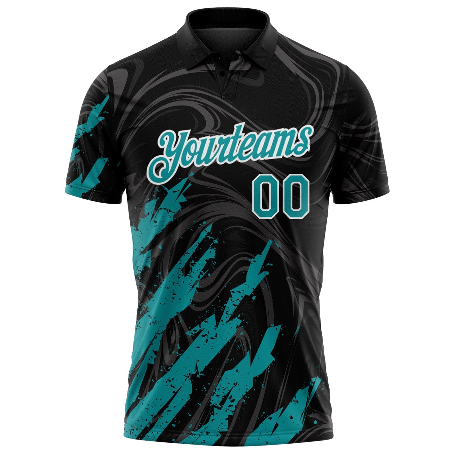 Custom Black Teal-White Brush Stroke Splatter Liquid Swirl Performance Polo Shirt view 2