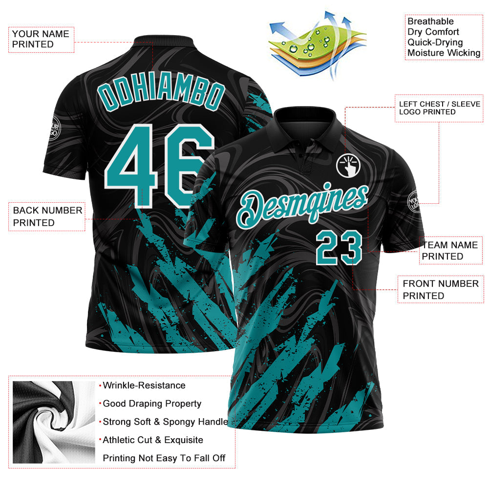 Custom Black Teal-White Brush Stroke Splatter Liquid Swirl Performance Polo Shirt view 3