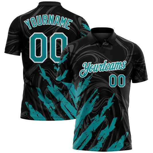 Custom Black Teal-White Brush Stroke Splatter Liquid Swirl Performance Polo Shirt - Main View