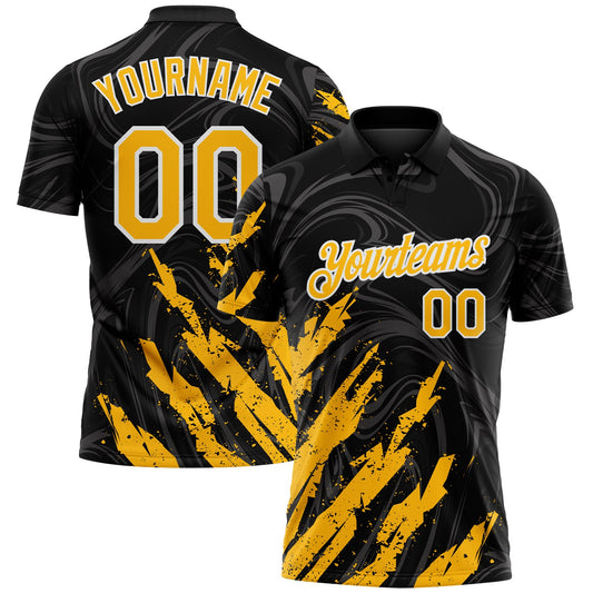Custom Black Gold-White Brush Stroke Splatter Liquid Swirl Performance Polo Shirt - Main View