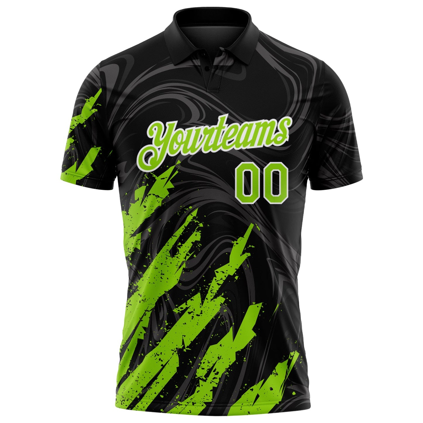 Custom Black Neon Green-White Brush Stroke Splatter Liquid Swirl Performance Polo Shirt view 2