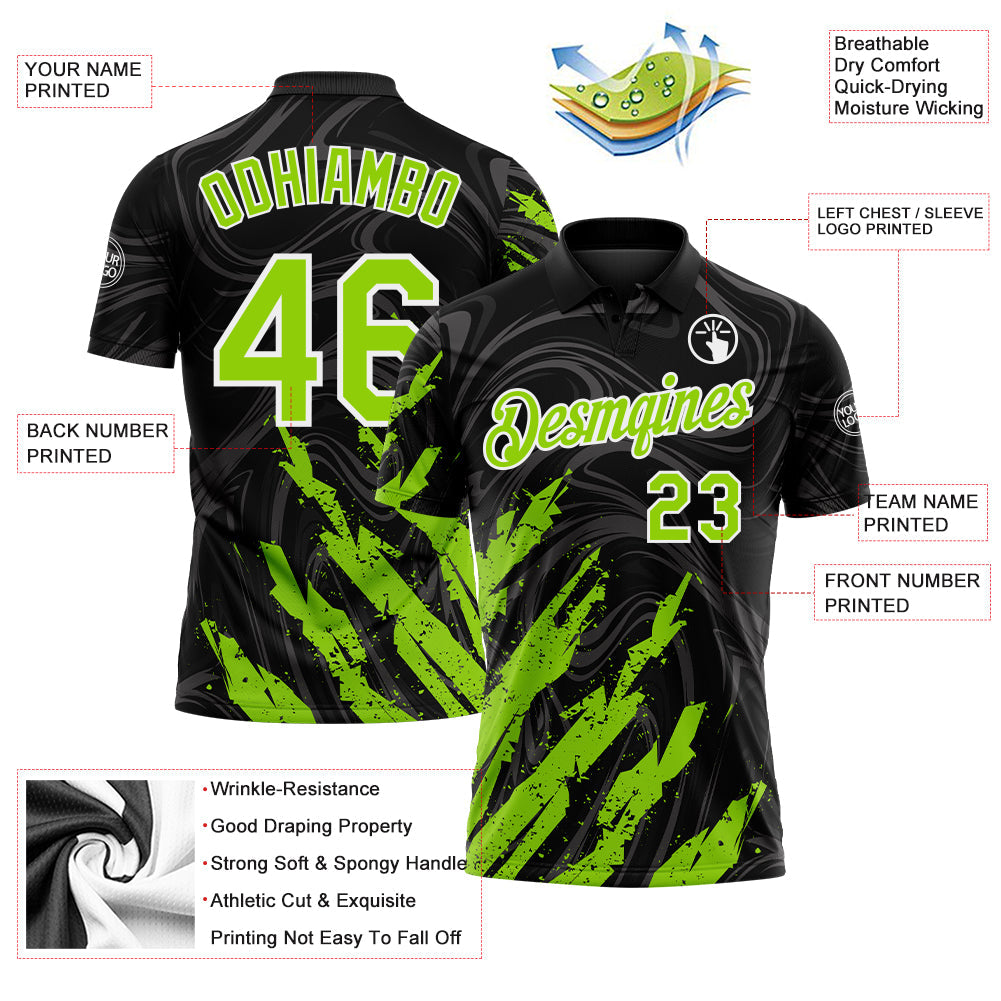 Custom Black Neon Green-White Brush Stroke Splatter Liquid Swirl Performance Polo Shirt view 3