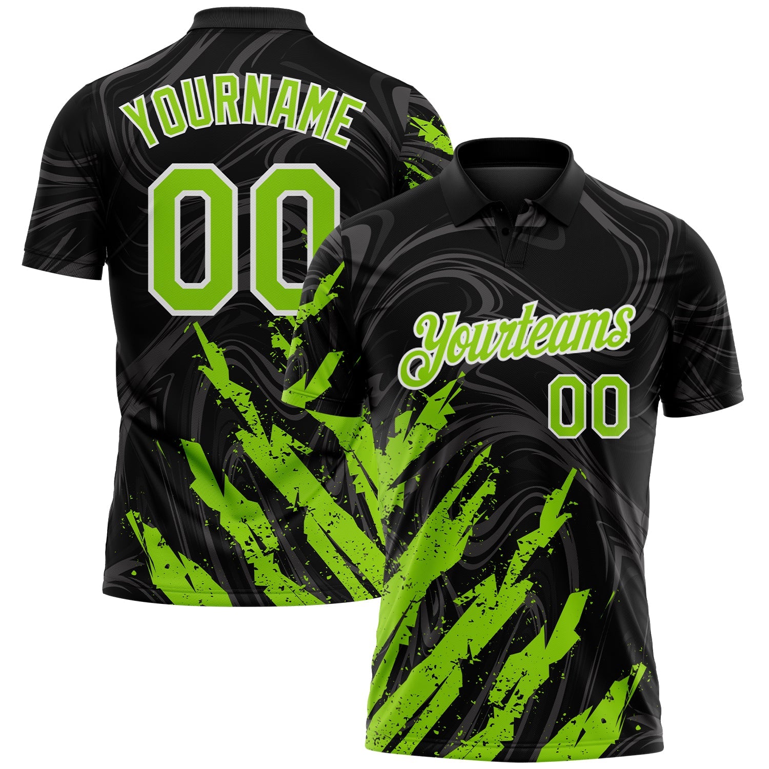 Custom Black Neon Green-White Brush Stroke Splatter Liquid Swirl Performance Polo Shirt - Main View