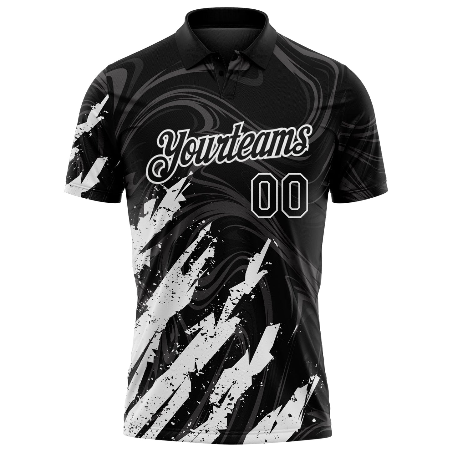 Custom Black-White Brush Stroke Splatter Liquid Swirl Performance Polo Shirt view 2