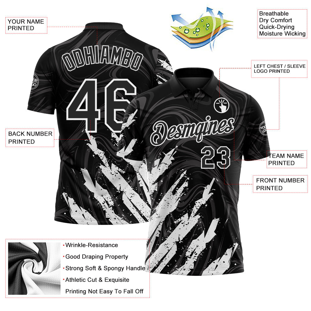 Custom Black-White Brush Stroke Splatter Liquid Swirl Performance Polo Shirt view 3