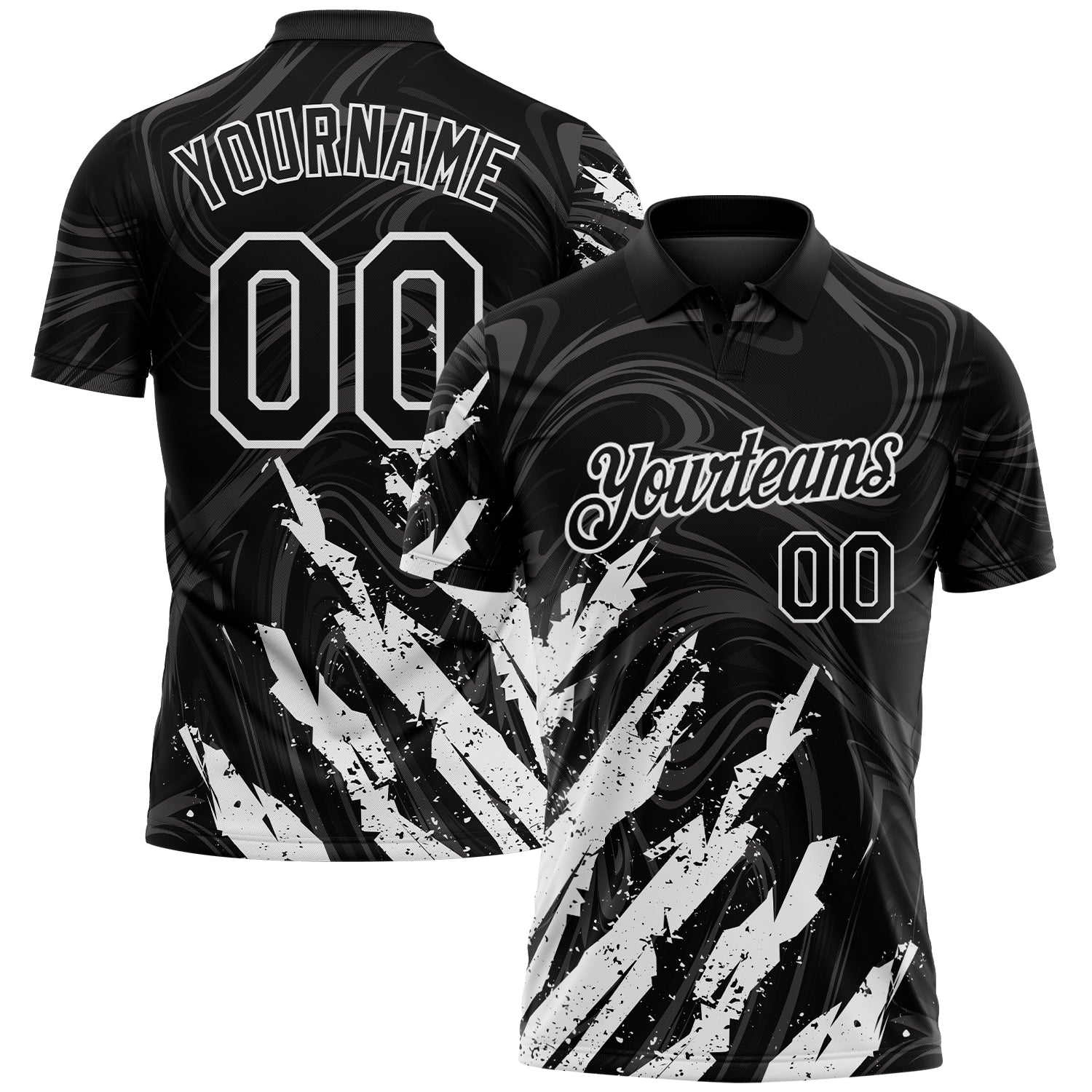 Custom Black-White Brush Stroke Splatter Liquid Swirl Performance Polo Shirt - Main View