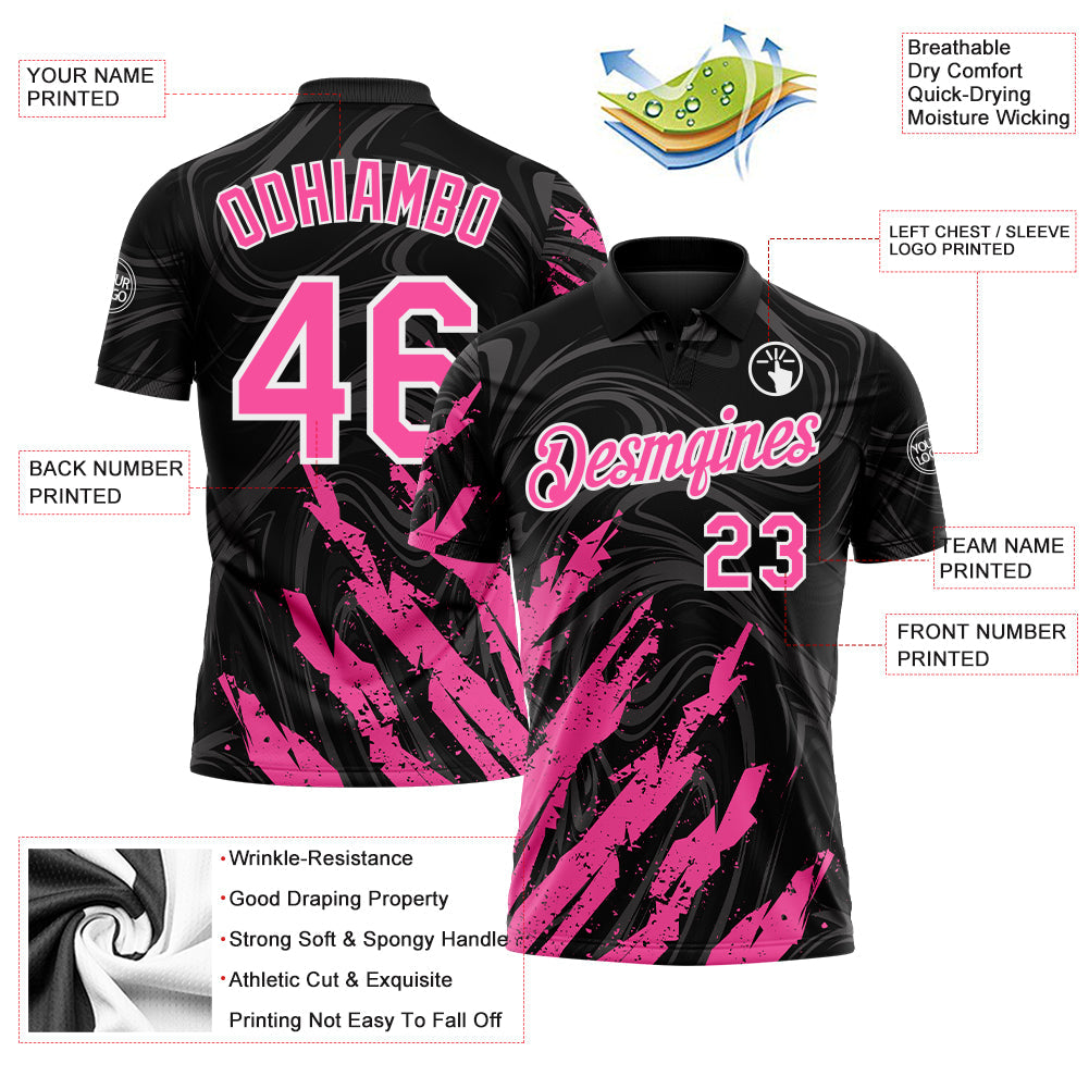 Custom Black Pink-White Brush Stroke Splatter Liquid Swirl Performance Polo Shirt view 3