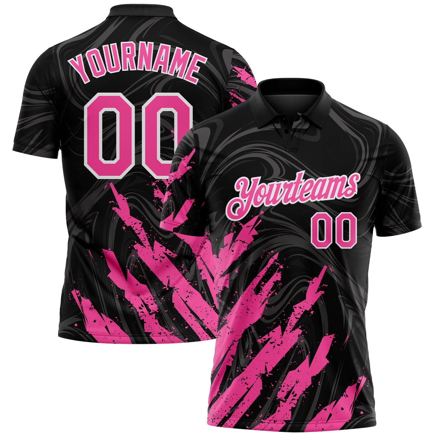 Custom Black Pink-White Brush Stroke Splatter Liquid Swirl Performance Polo Shirt - Main View