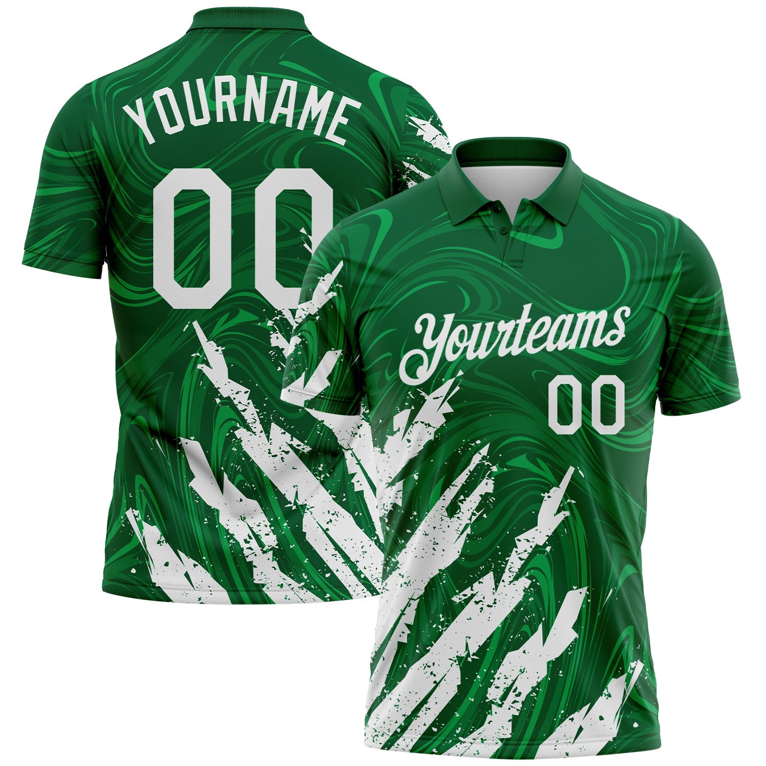 Custom Kelly Green-White Brush Stroke Splatter Liquid Swirl Performance Polo Shirt - Main View