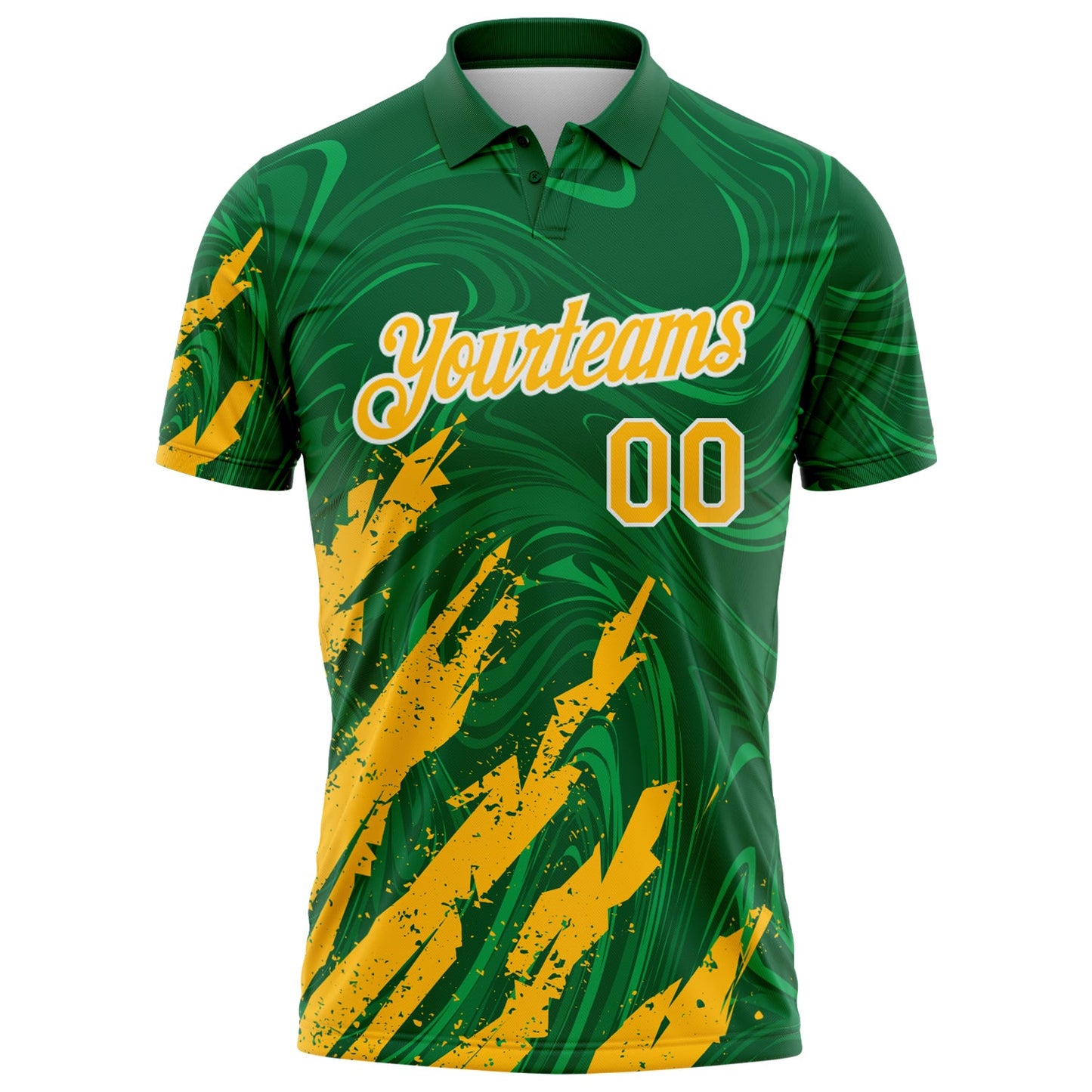 Custom Kelly Green Gold-White Brush Stroke Splatter Liquid Swirl Performance Polo Shirt view 2