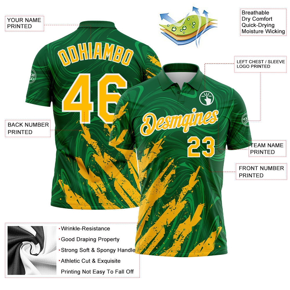 Custom Kelly Green Gold-White Brush Stroke Splatter Liquid Swirl Performance Polo Shirt view 3