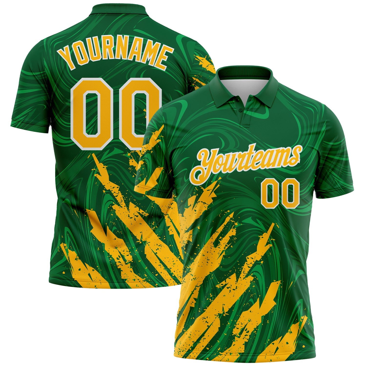 Custom Kelly Green Gold-White Brush Stroke Splatter Liquid Swirl Performance Polo Shirt - Main View