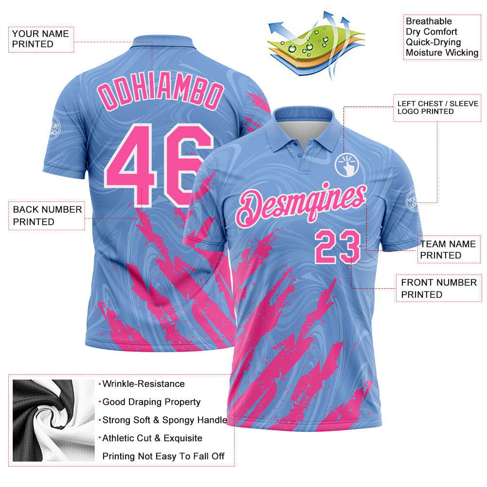 Custom Light Blue Pink-White Brush Stroke Splatter Liquid Swirl Performance Polo Shirt view 3