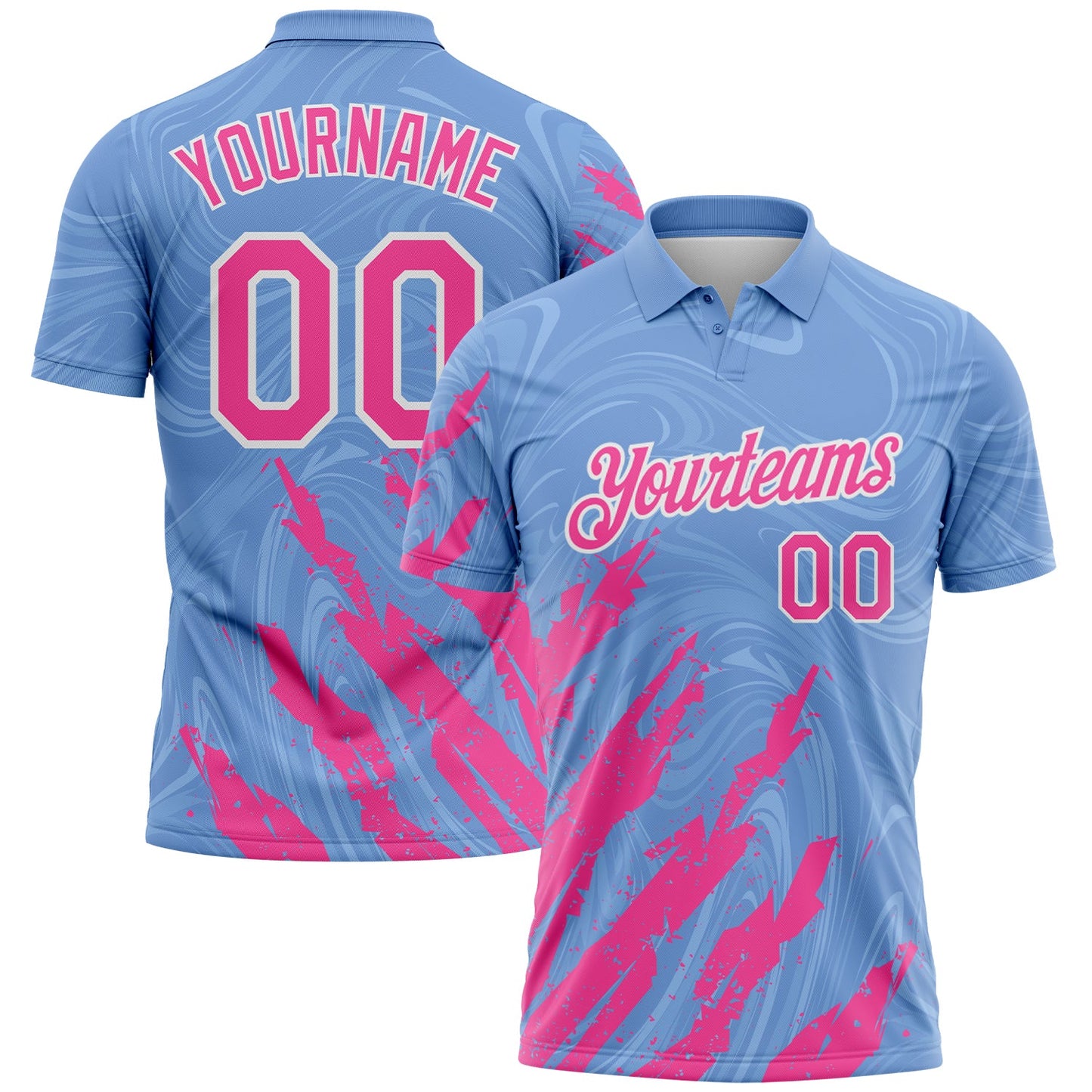 Custom Light Blue Pink-White Brush Stroke Splatter Liquid Swirl Performance Polo Shirt - Main View