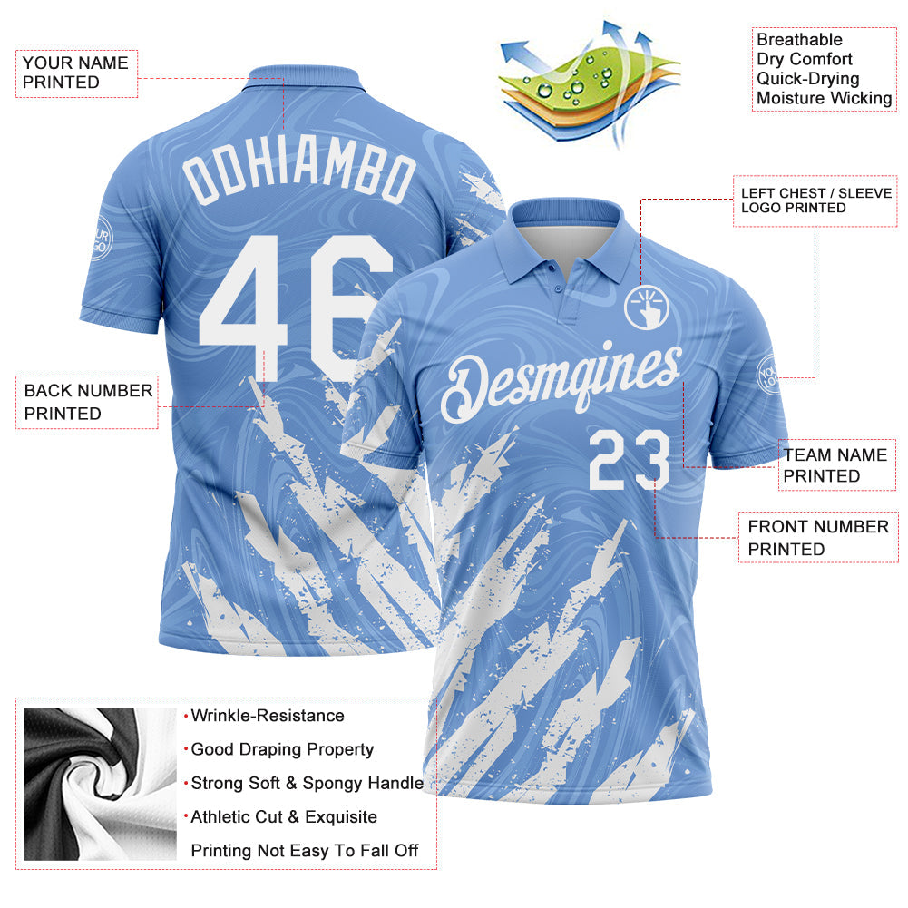 Custom Light Blue-White Brush Stroke Splatter Liquid Swirl Performance Polo Shirt view 3