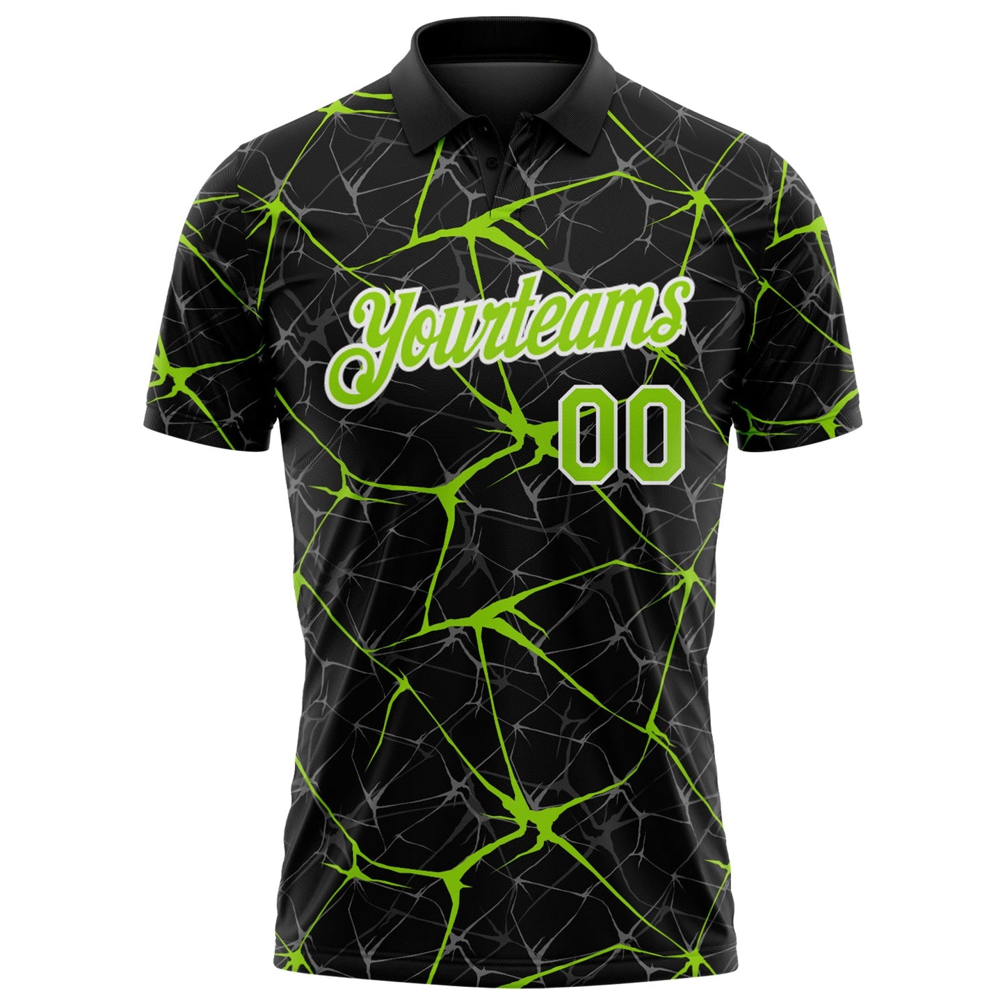 Custom Black Neon Green-White 3D Pattern Abstract Network Crackle Performance Polo Shirt view 2