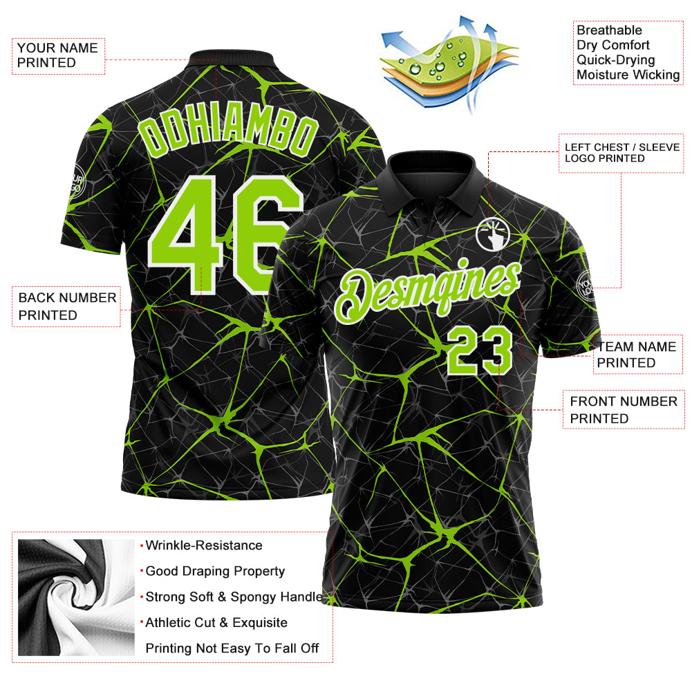 Custom Black Neon Green-White 3D Pattern Abstract Network Crackle Performance Polo Shirt view 3