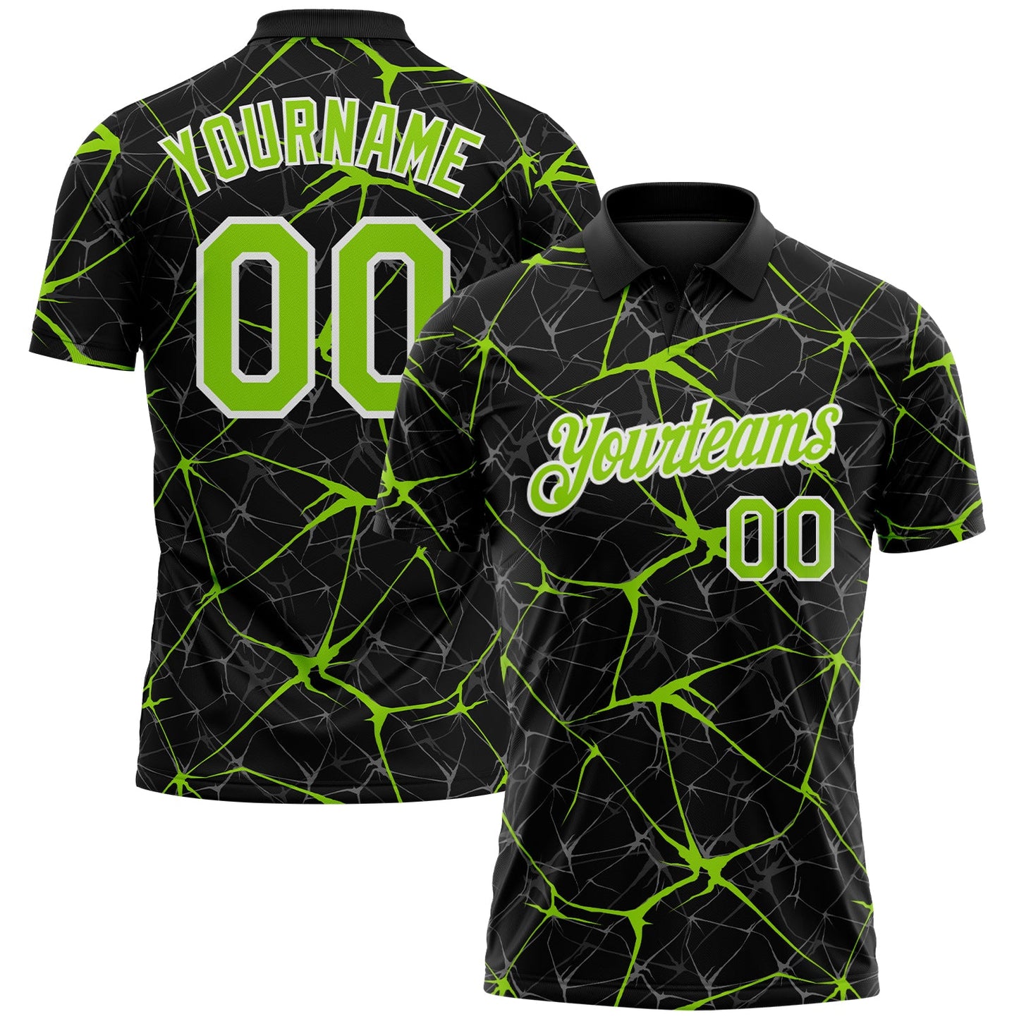 Custom Black Neon Green-White 3D Pattern Abstract Network Crackle Performance Polo Shirt - Main View