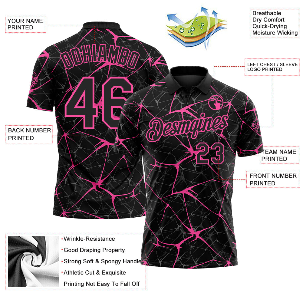 Custom Black-Pink 3D Pattern Abstract Network Crackle Performance Polo Shirt view 3