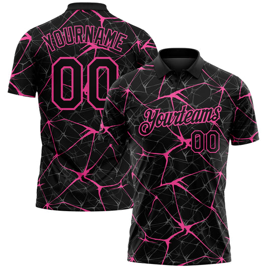 Custom Black-Pink 3D Pattern Abstract Network Crackle Performance Polo Shirt - Main View