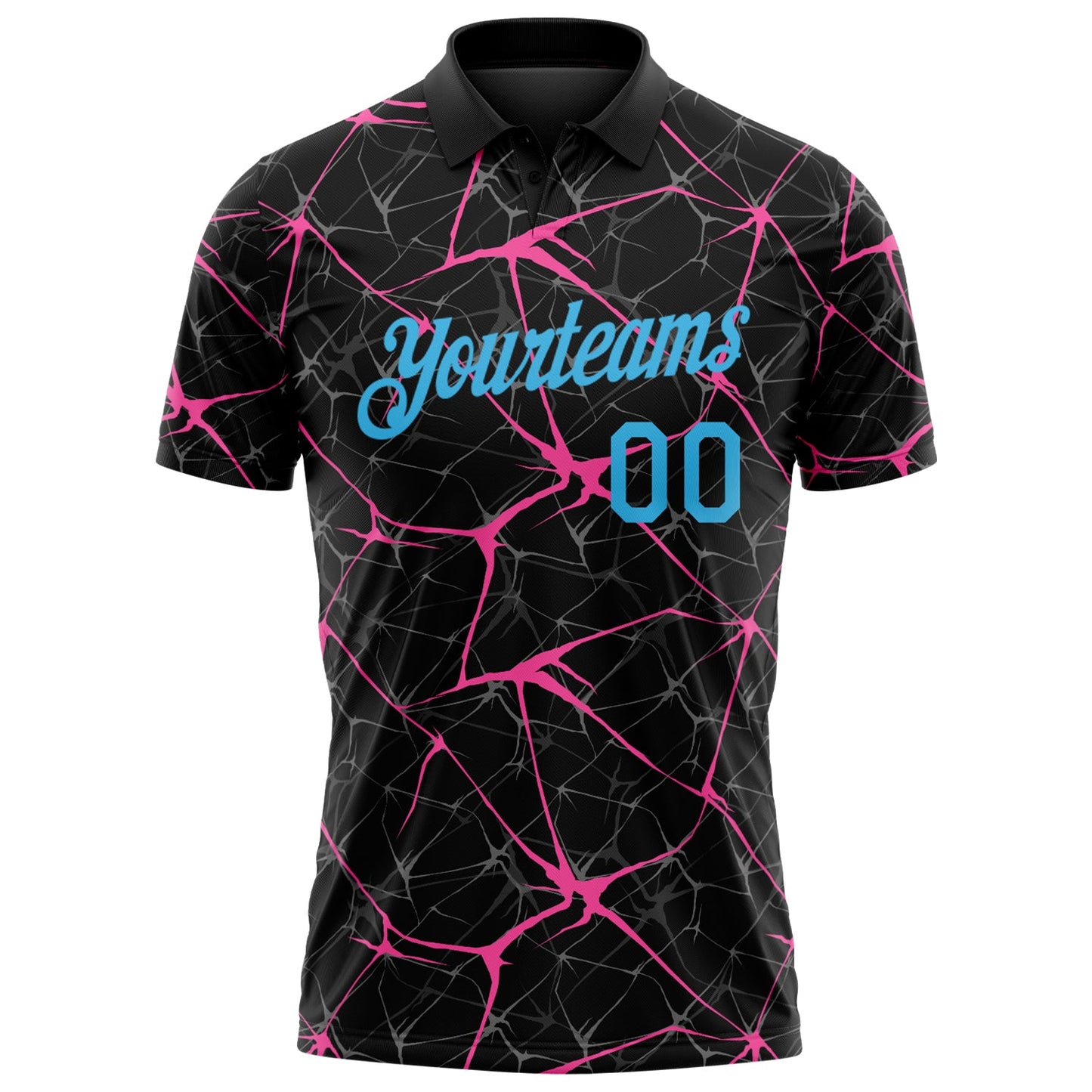 Custom Black Sky Blue-Pink 3D Pattern Abstract Network Crackle Performance Polo Shirt view 2