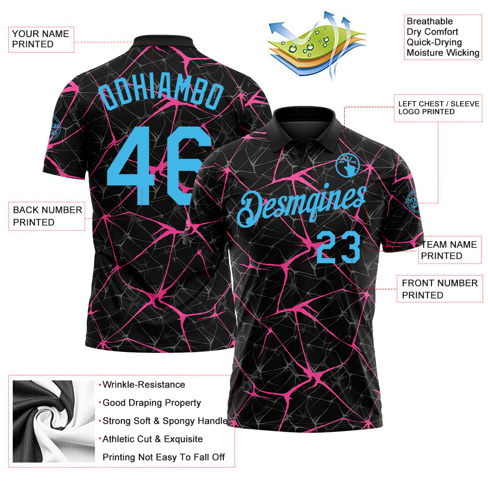Custom Black Sky Blue-Pink 3D Pattern Abstract Network Crackle Performance Polo Shirt view 3