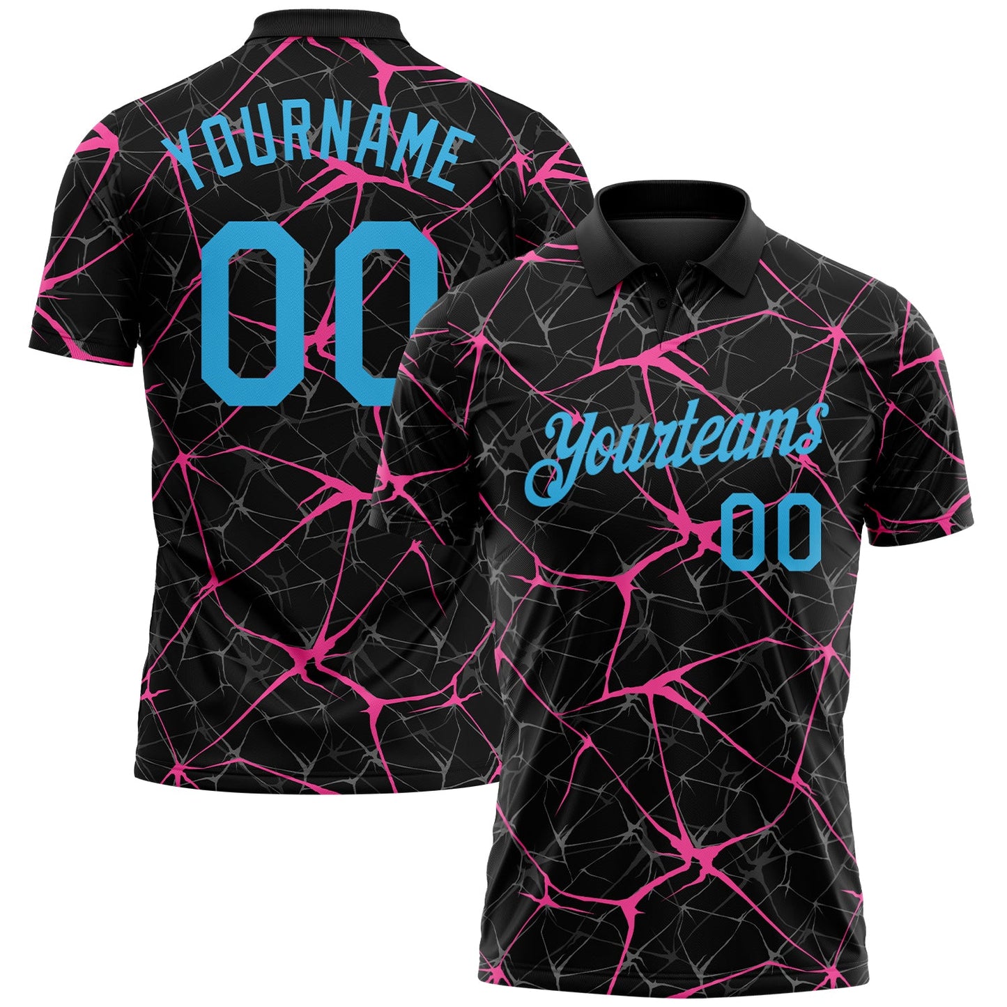 Custom Black Sky Blue-Pink 3D Pattern Abstract Network Crackle Performance Polo Shirt - Main View
