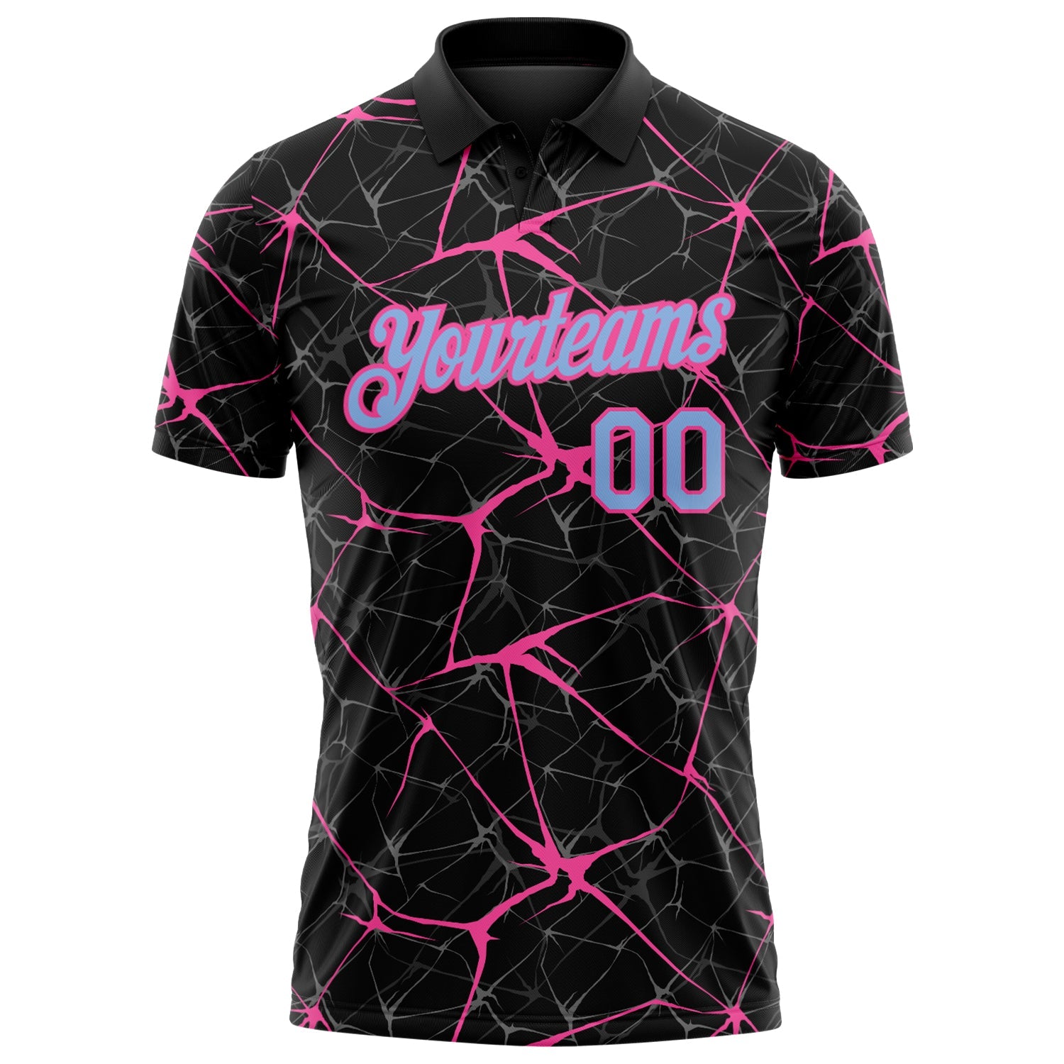 Custom Black Light Blue-Pink 3D Pattern Abstract Network Crackle Performance Polo Shirt view 2