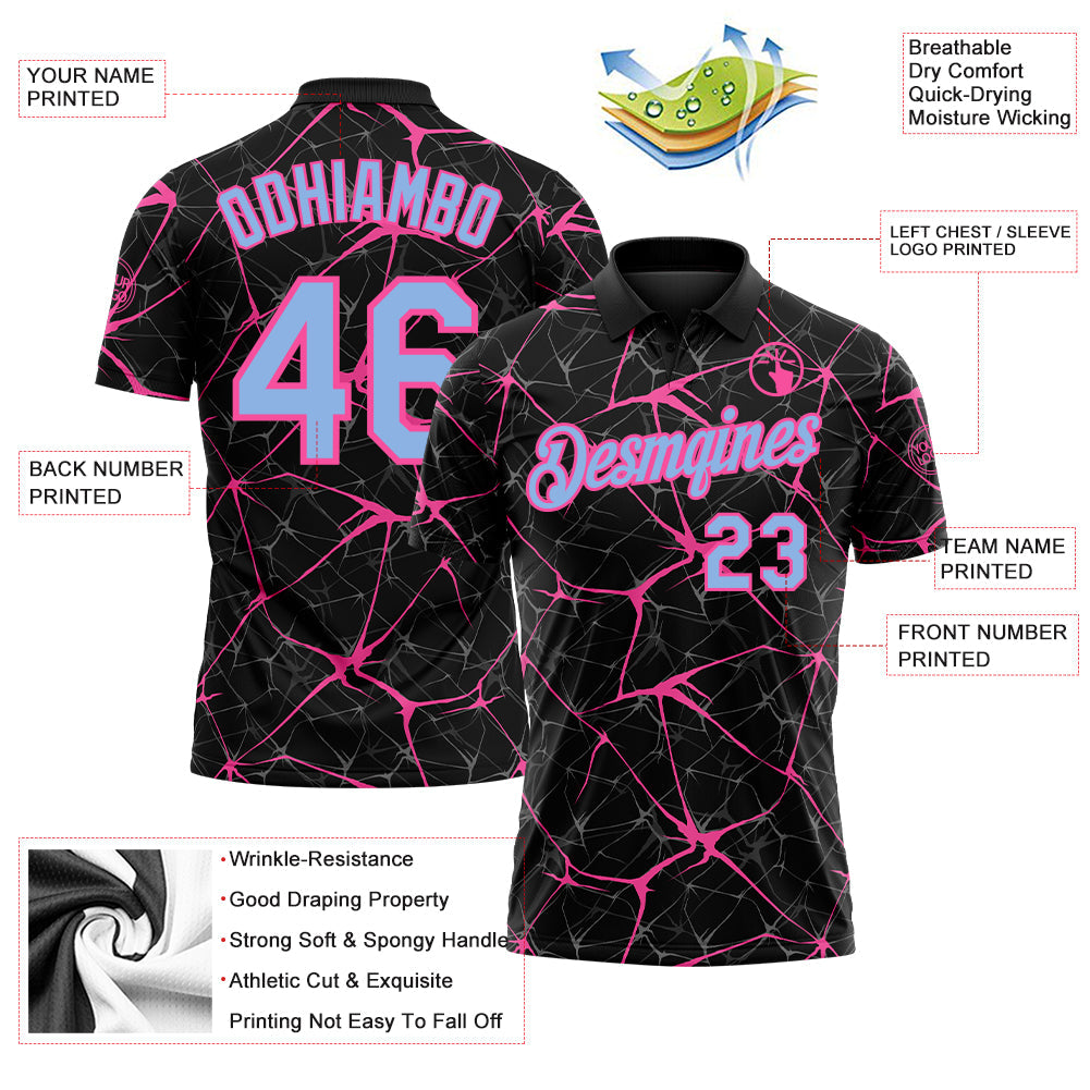Custom Black Light Blue-Pink 3D Pattern Abstract Network Crackle Performance Polo Shirt view 3