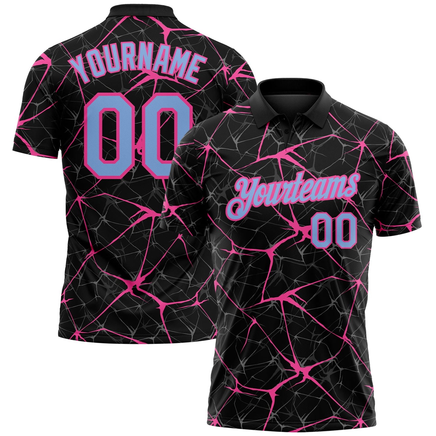Custom Black Light Blue-Pink 3D Pattern Abstract Network Crackle Performance Polo Shirt - Main View