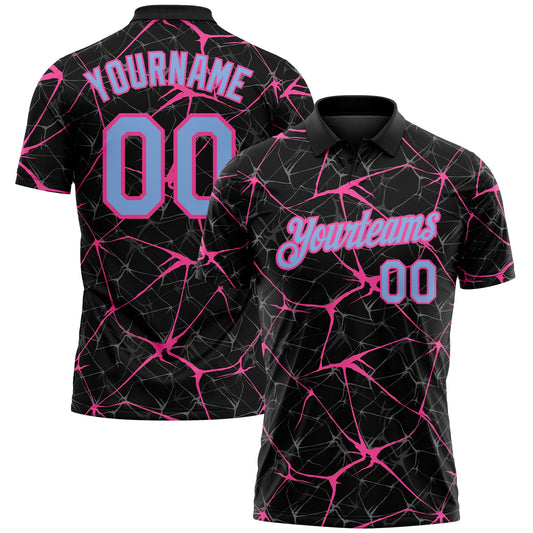 Custom Black Light Blue-Pink 3D Pattern Abstract Network Crackle Performance Polo Shirt - Main View