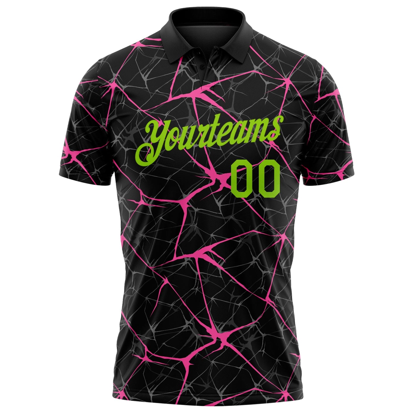 Custom Black Neon Green-Pink 3D Pattern Abstract Network Crackle Performance Polo Shirt view 2