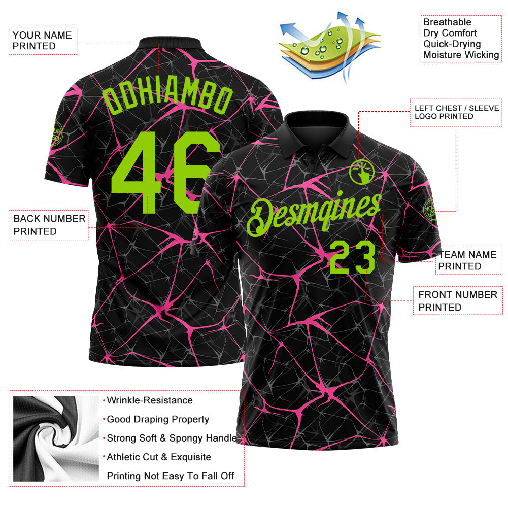Custom Black Neon Green-Pink 3D Pattern Abstract Network Crackle Performance Polo Shirt view 3