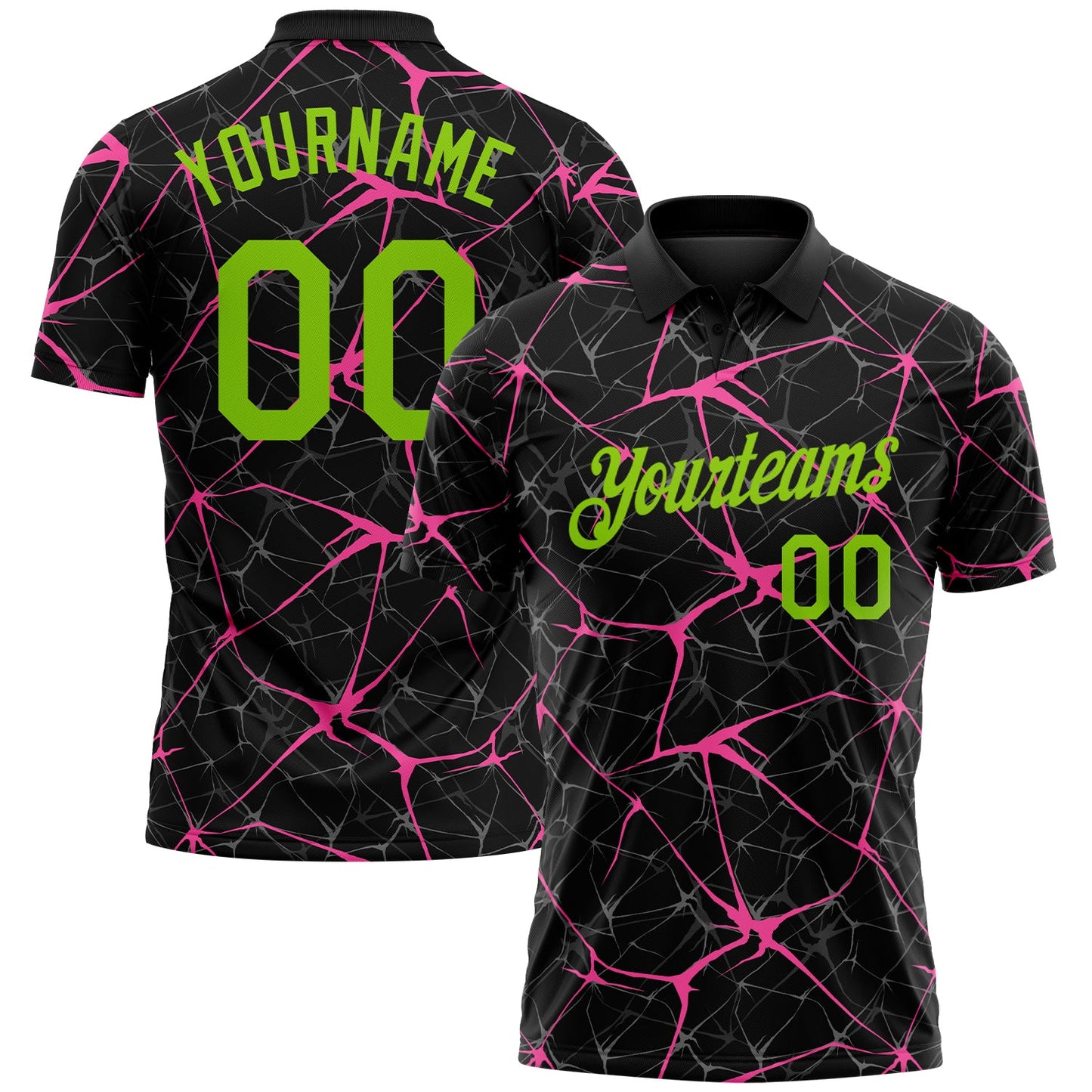 Custom Black Neon Green-Pink 3D Pattern Abstract Network Crackle Performance Polo Shirt - Main View