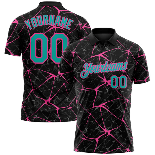 Custom Black Aqua-Pink 3D Pattern Abstract Network Crackle Performance Polo Shirt - Main View