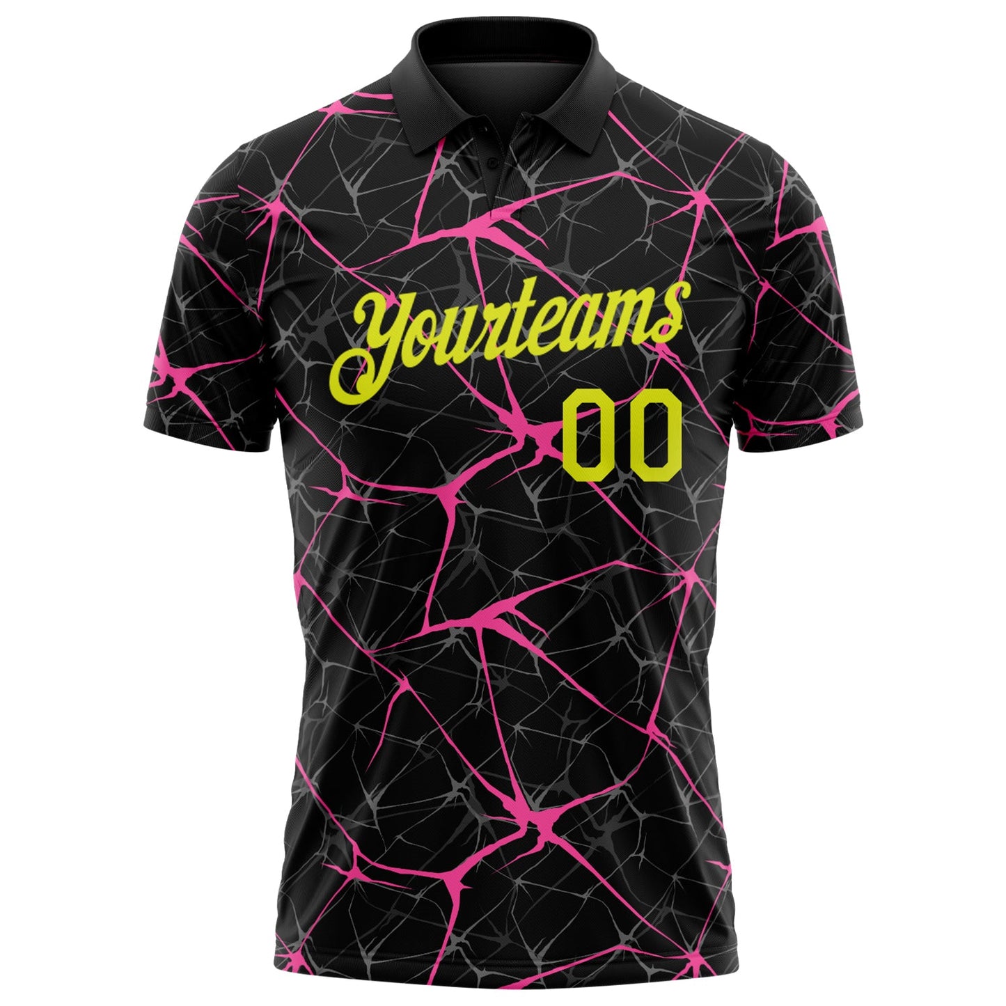 Custom Black Neon Yellow-Pink 3D Pattern Abstract Network Crackle Performance Polo Shirt view 2