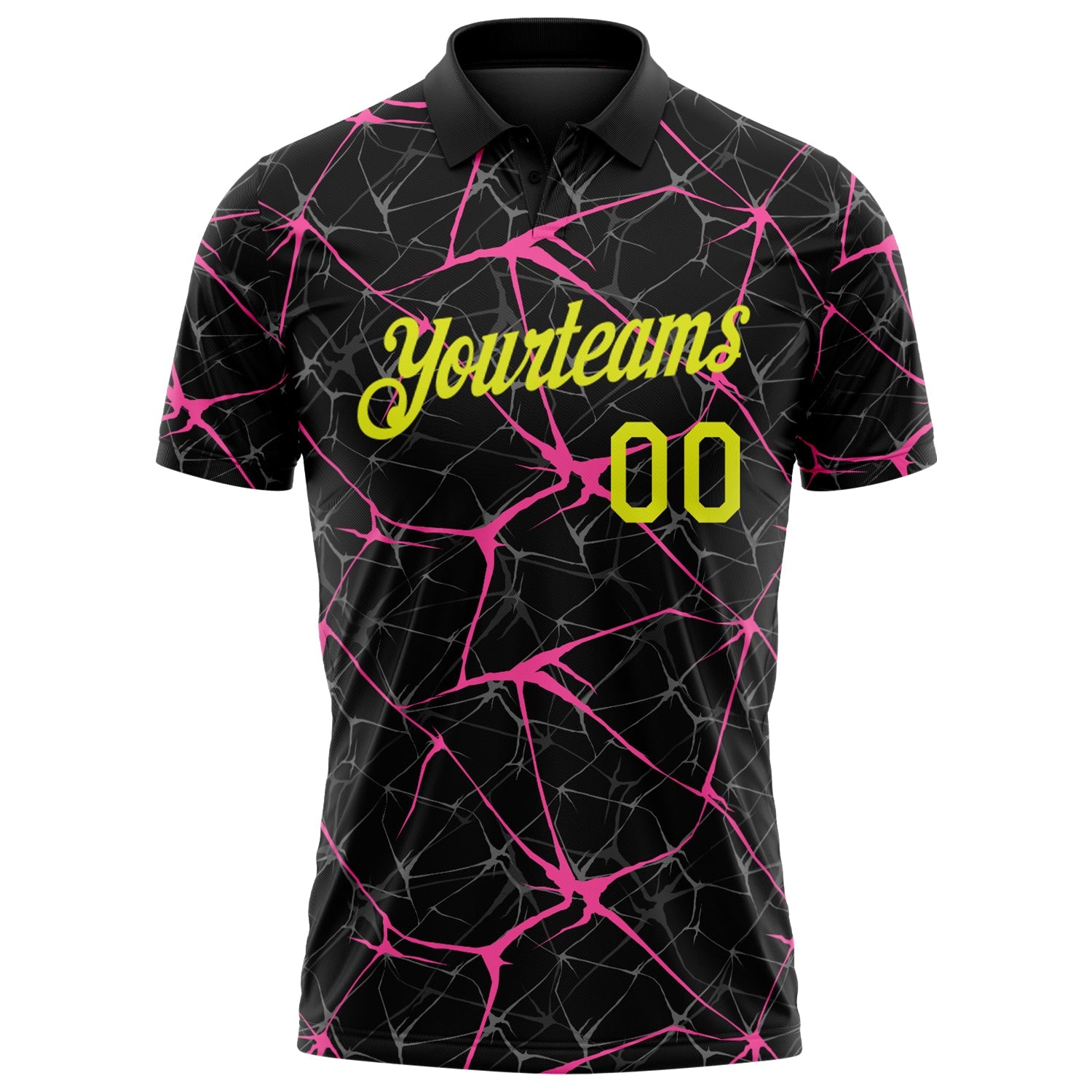 Custom Black Neon Yellow-Pink 3D Pattern Abstract Network Crackle Performance Polo Shirt view 2