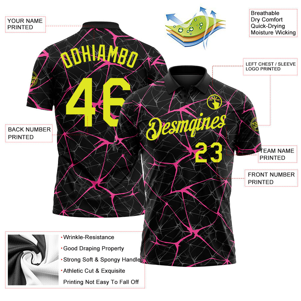 Custom Black Neon Yellow-Pink 3D Pattern Abstract Network Crackle Performance Polo Shirt view 3