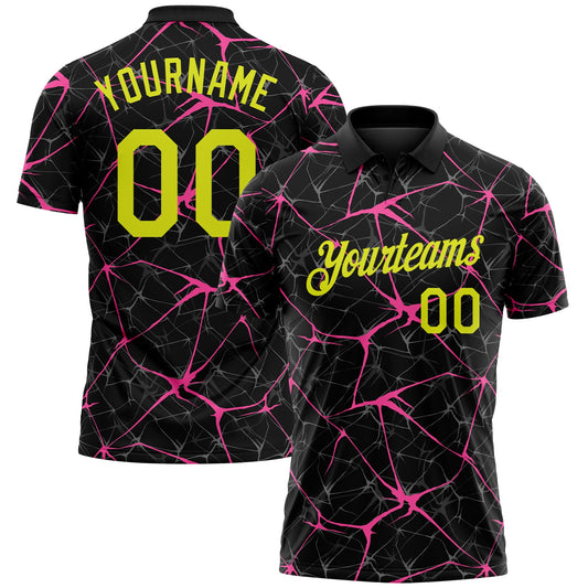 Custom Black Neon Yellow-Pink 3D Pattern Abstract Network Crackle Performance Polo Shirt - Main View