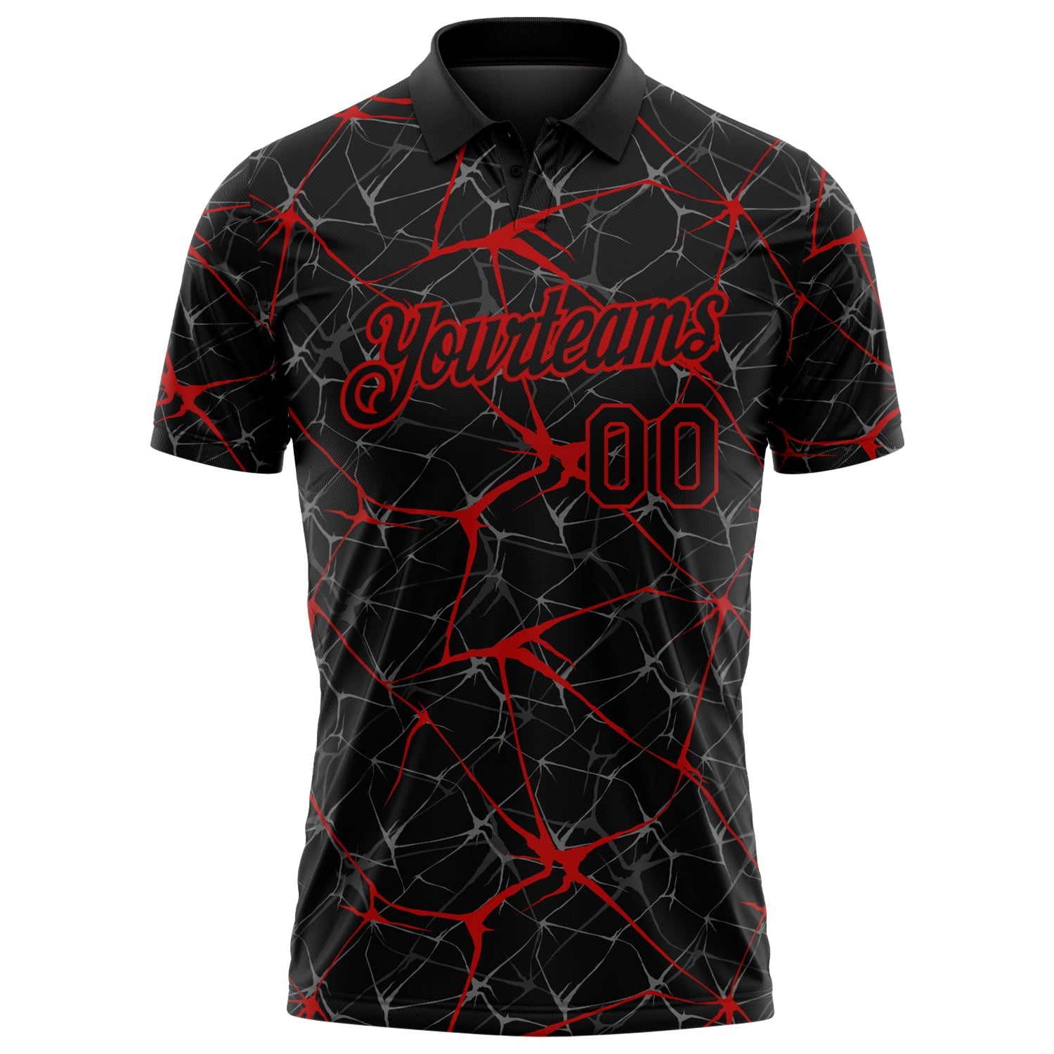Custom Black-Red 3D Pattern Abstract Network Crackle Performance Polo Shirt view 2