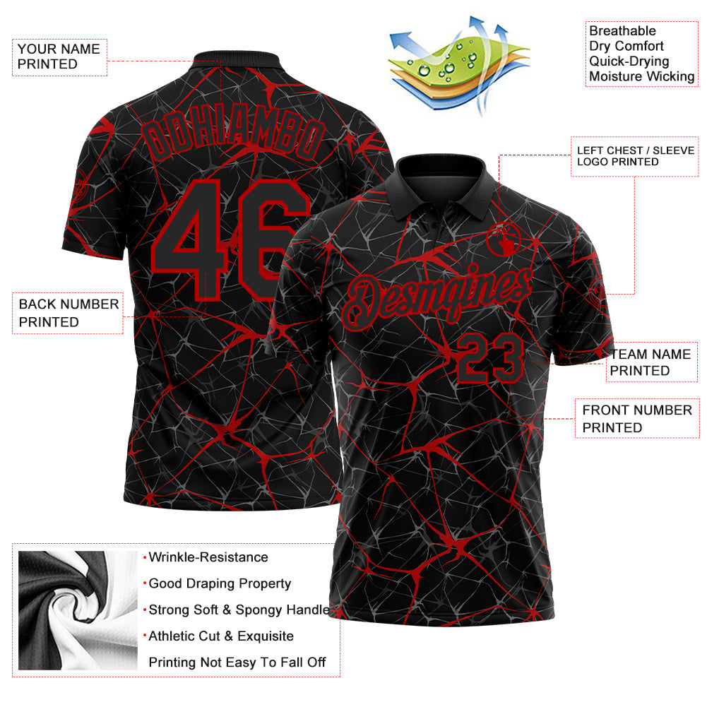 Custom Black-Red 3D Pattern Abstract Network Crackle Performance Polo Shirt view 3