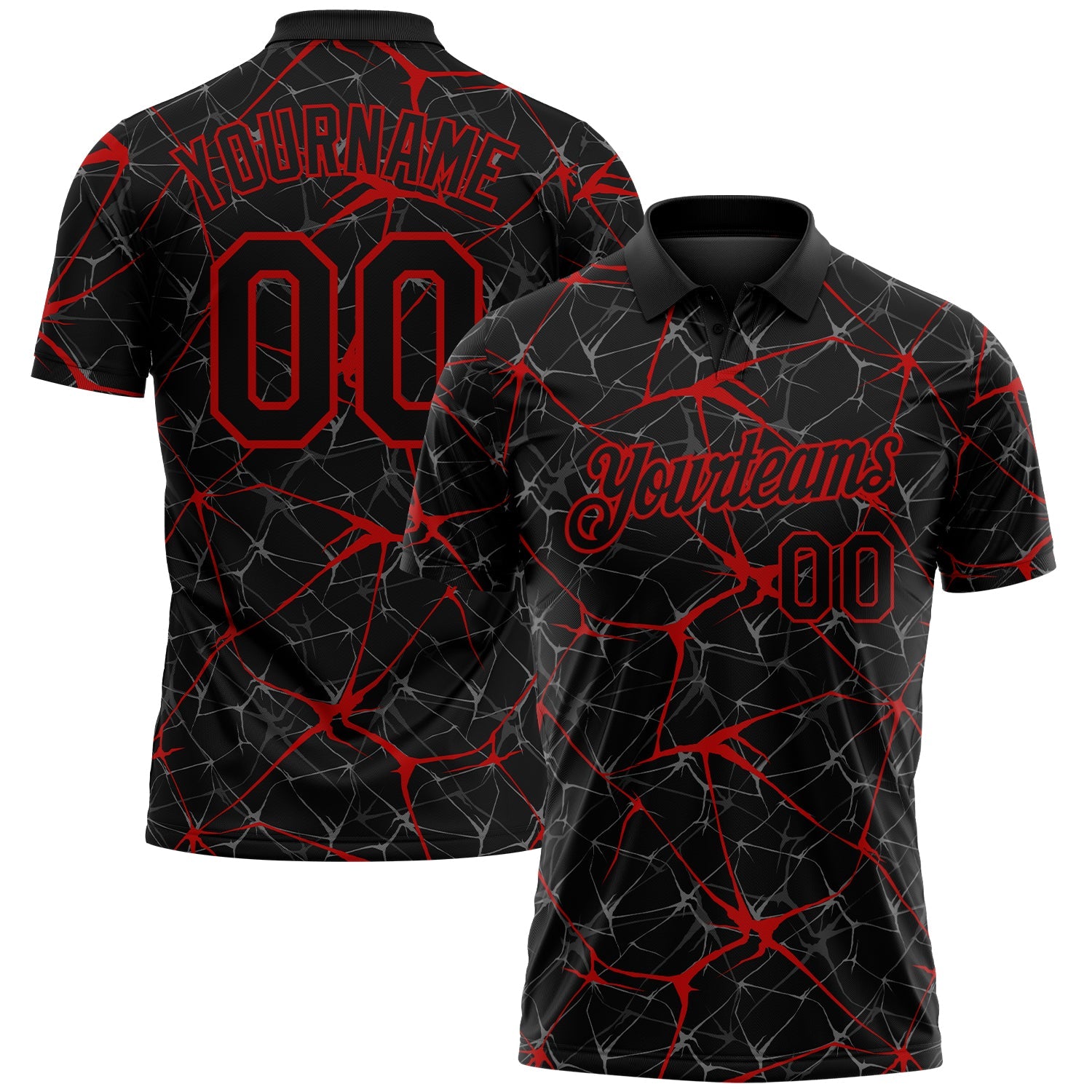 Custom Black-Red 3D Pattern Abstract Network Crackle Performance Polo Shirt - Main View