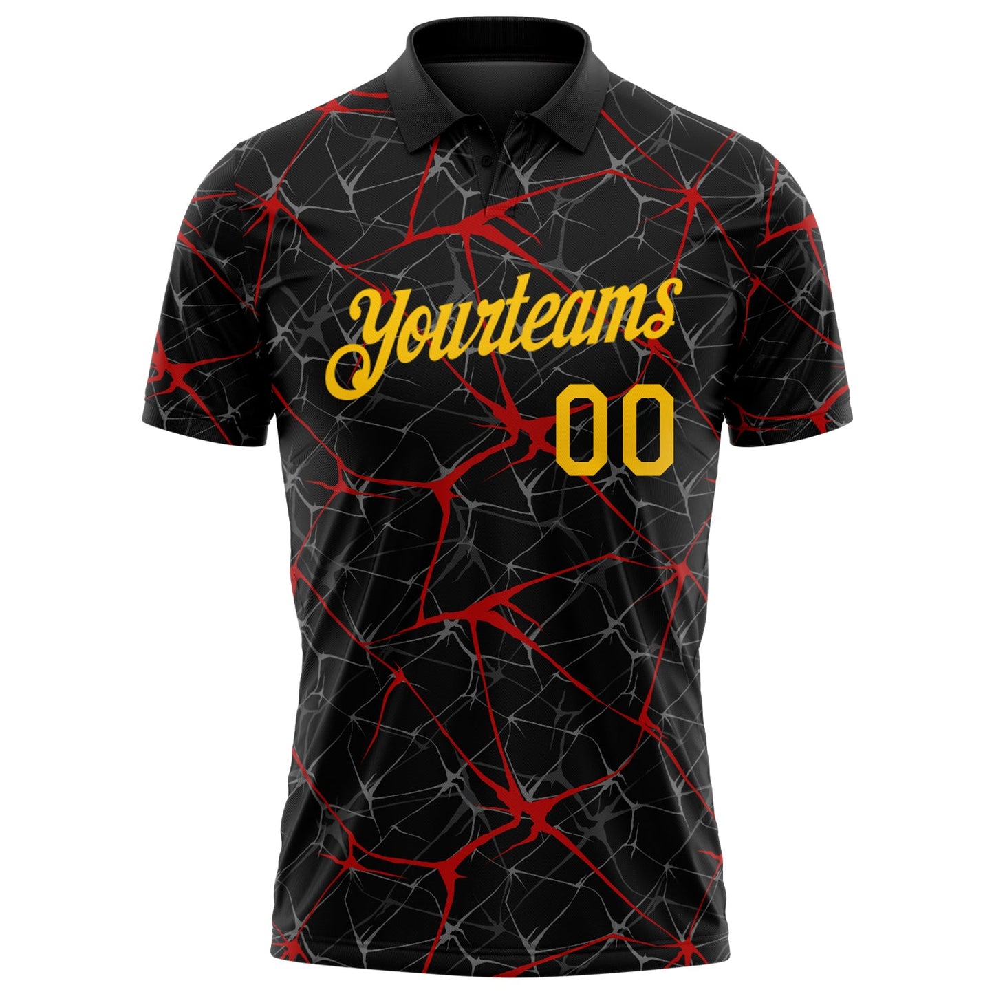 Custom Black Yellow-Red 3D Pattern Abstract Network Crackle Performance Polo Shirt view 2