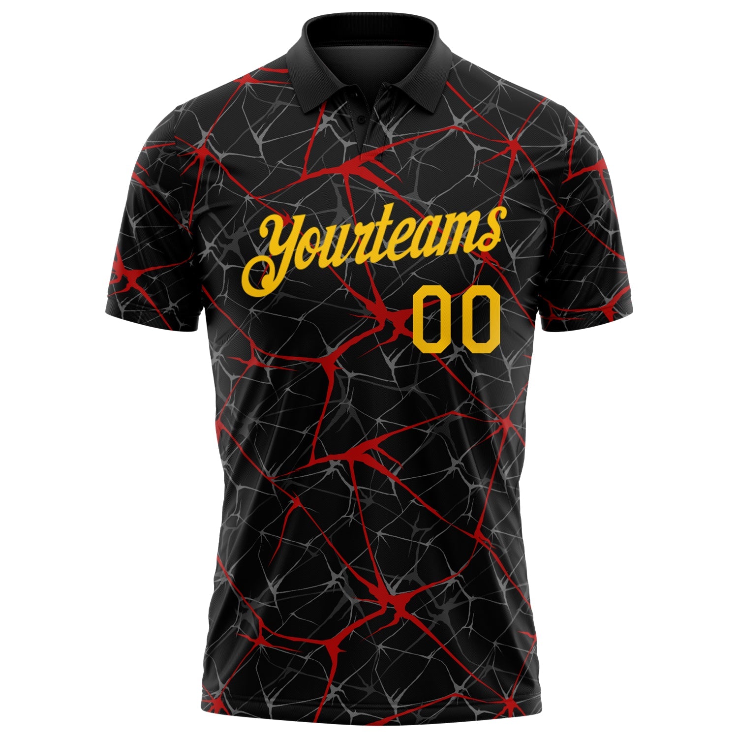 Custom Black Yellow-Red 3D Pattern Abstract Network Crackle Performance Polo Shirt view 2