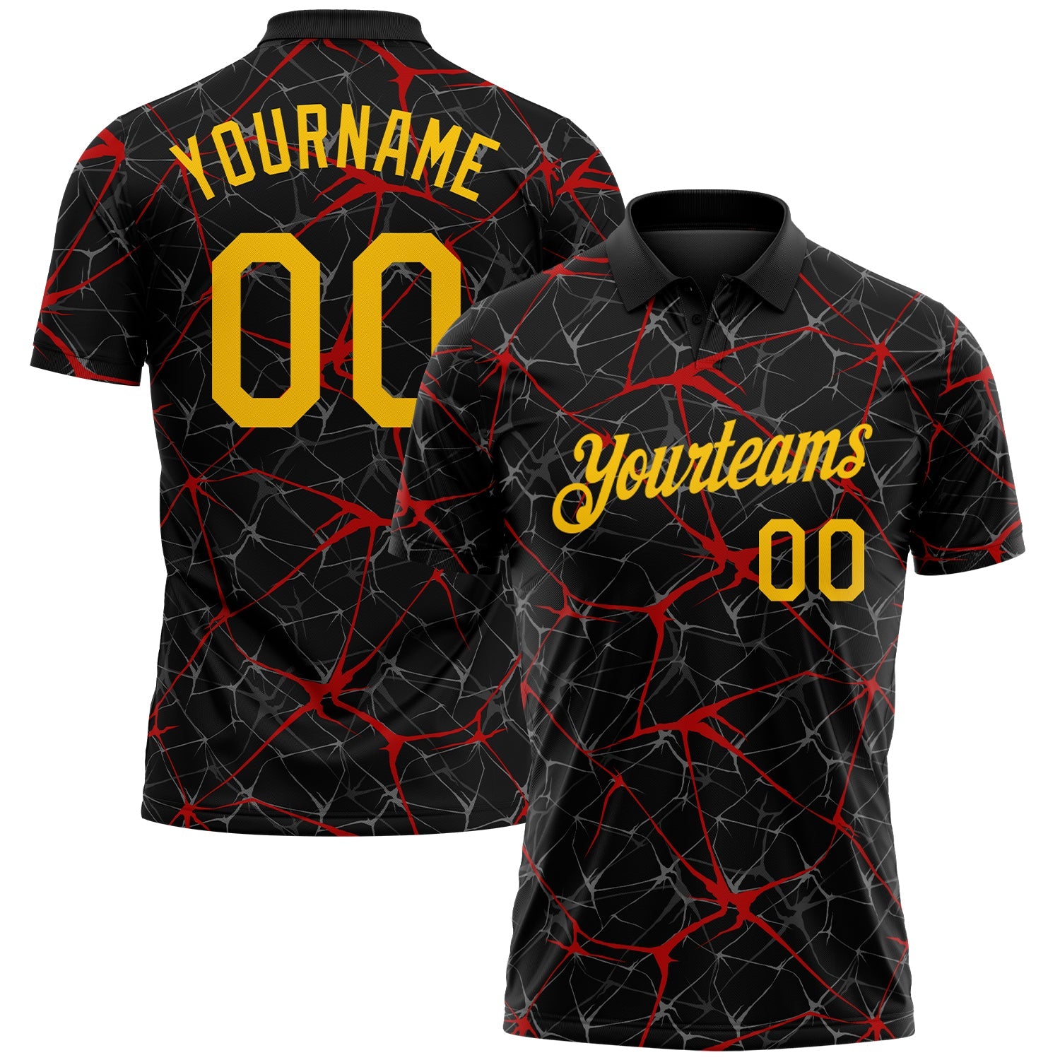 Custom Black Yellow-Red 3D Pattern Abstract Network Crackle Performance Polo Shirt - Main View