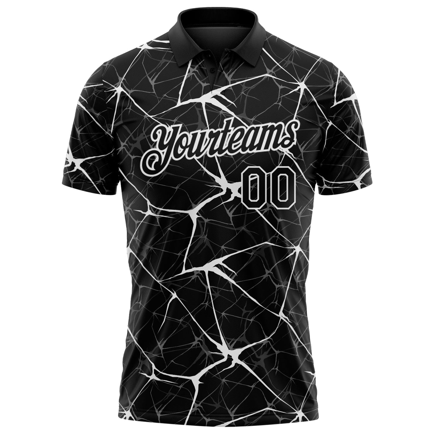 Custom Black-White 3D Pattern Abstract Network Crackle Performance Polo Shirt view 2