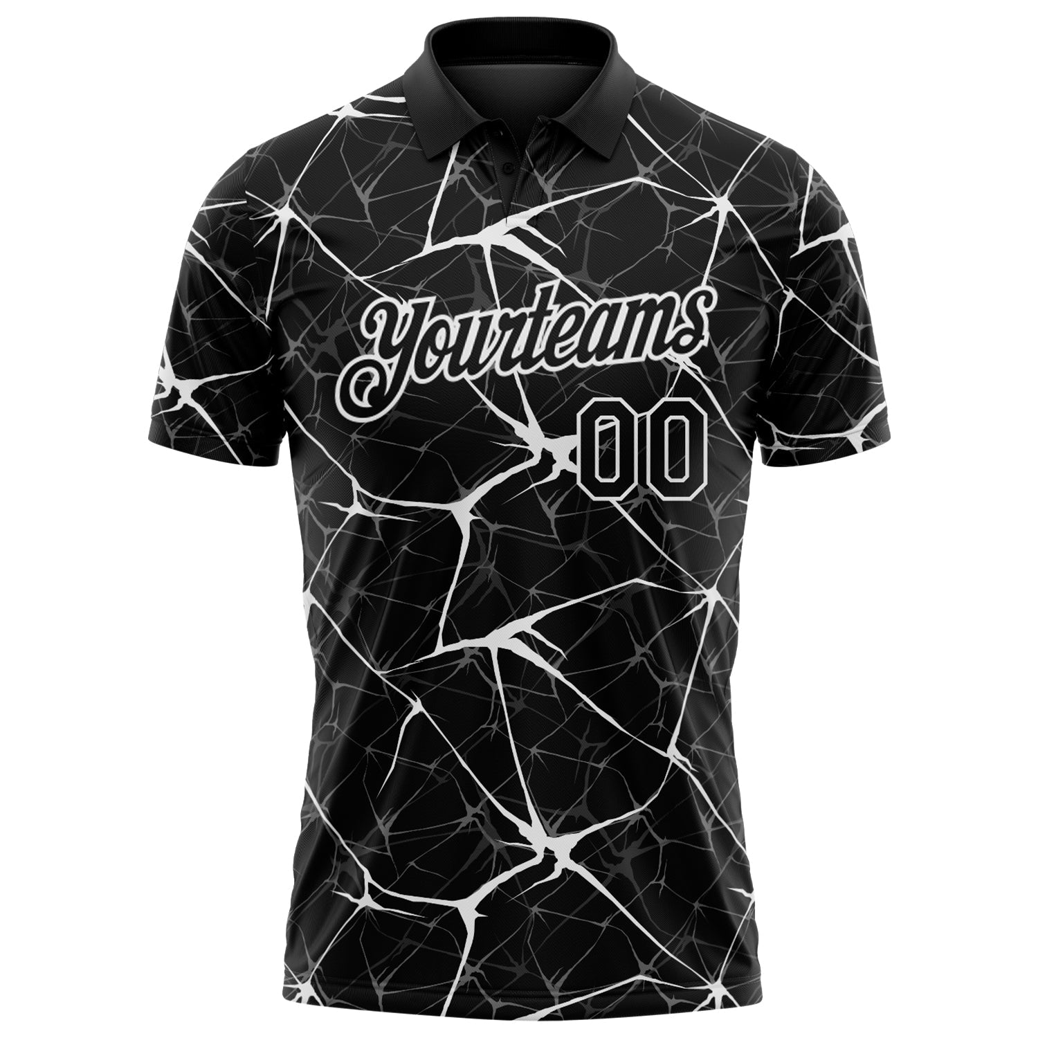 Custom Black-White 3D Pattern Abstract Network Crackle Performance Polo Shirt view 2
