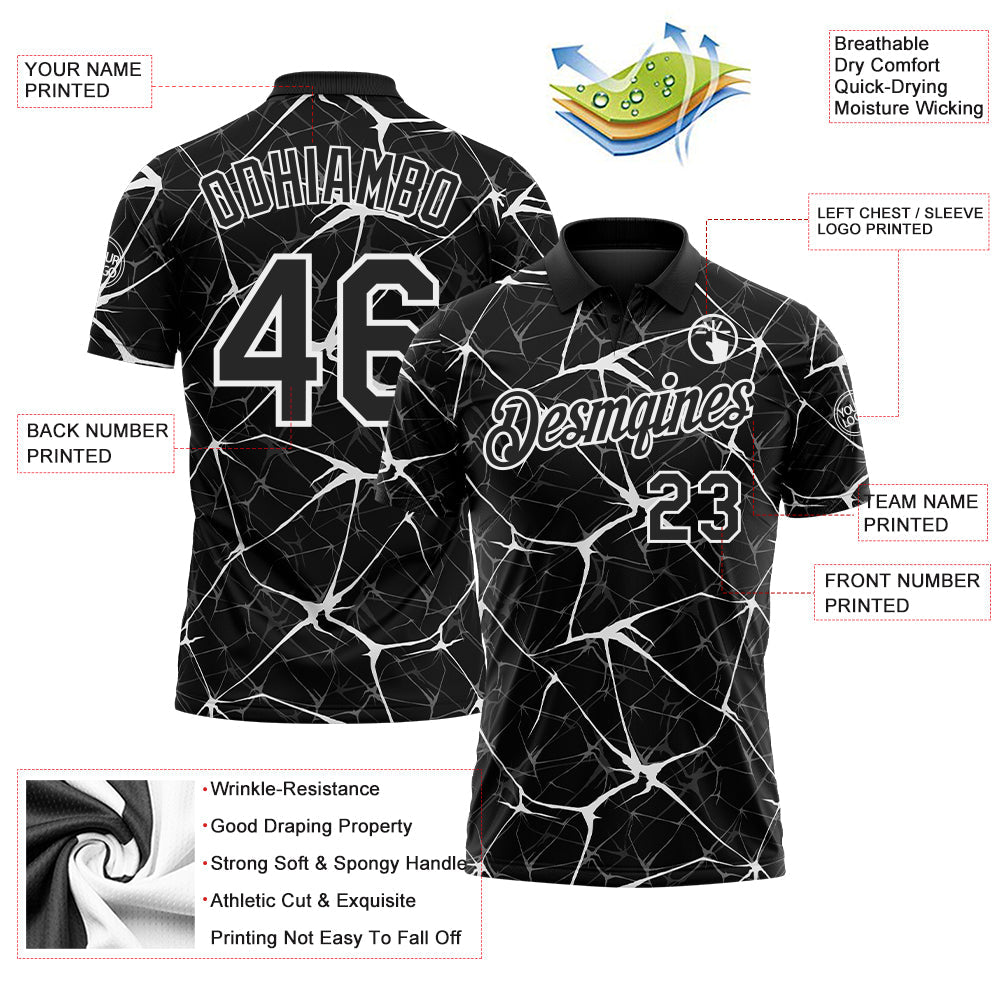 Custom Black-White 3D Pattern Abstract Network Crackle Performance Polo Shirt view 3