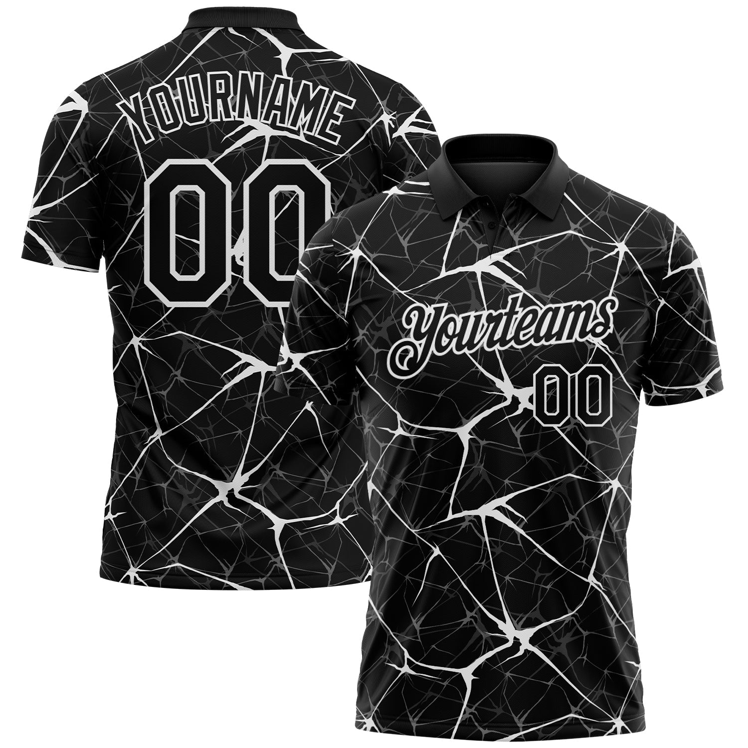 Custom Black-White 3D Pattern Abstract Network Crackle Performance Polo Shirt - Main View